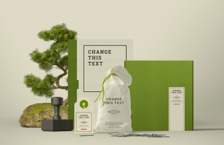 Mockup thương hiệu, sách, tag giá và hộp