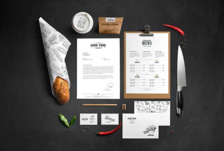Mockup bộ nhận diện thương hiệu nhà hàng