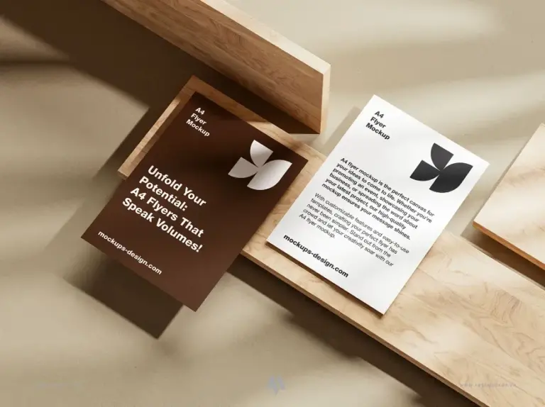 Mockup tờ rơi A4 đặt trên tấm gỗ