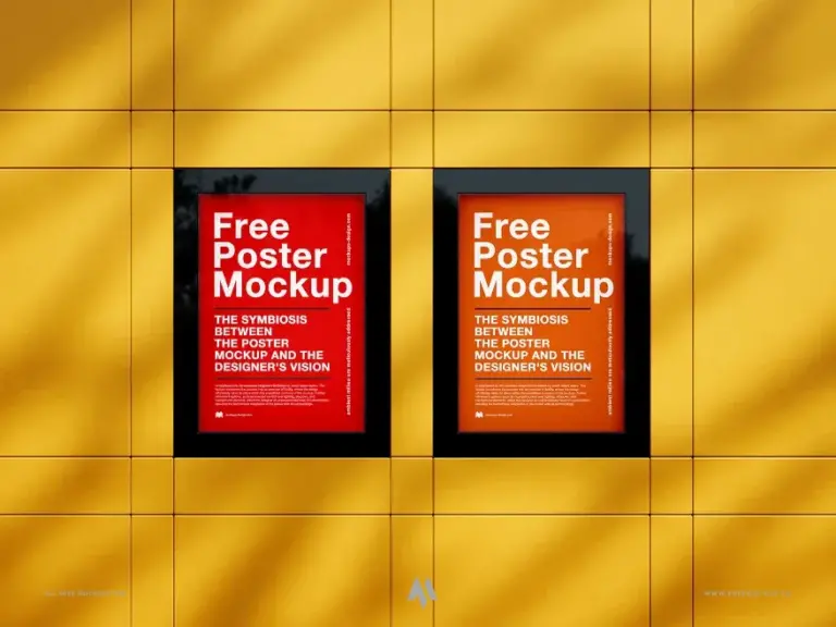 Mockup poster trên tường vàng