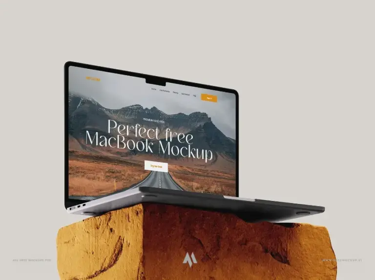 Mockup macbook đặt trên đá