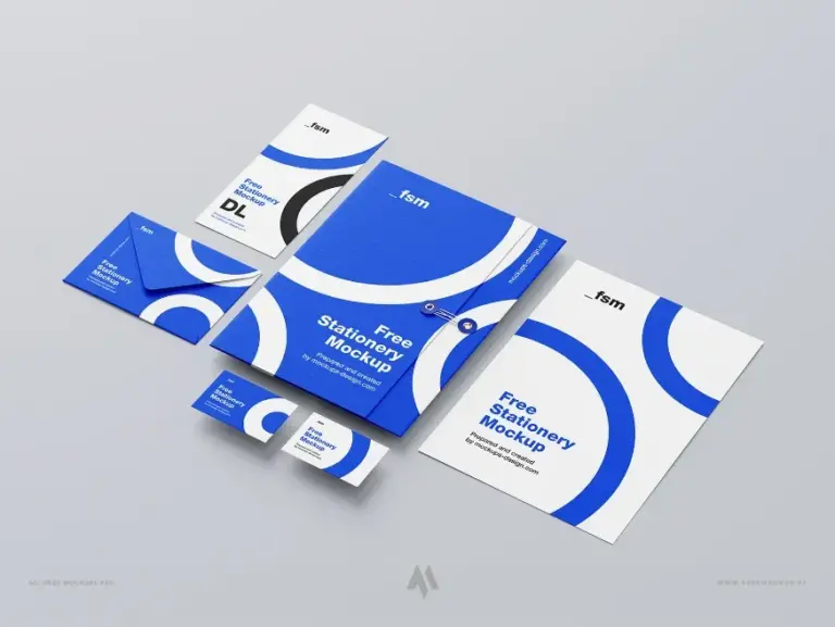 Mockup bộ nhận diện thương hiệu dùng trong văn phòng
