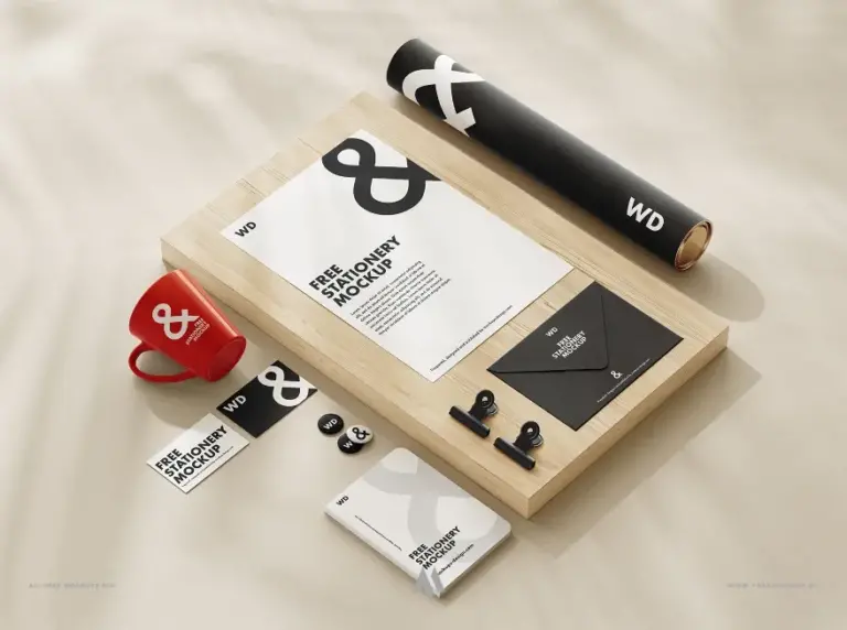 Mockup bộ nhận diện thương hiệu văn phòng miễn phí
