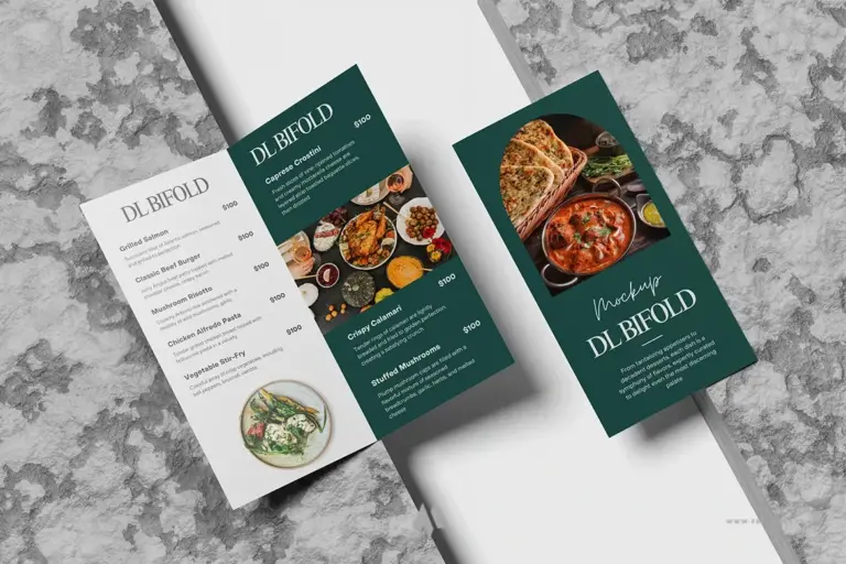 Mockup menu nhà hàng dọc gập đôi