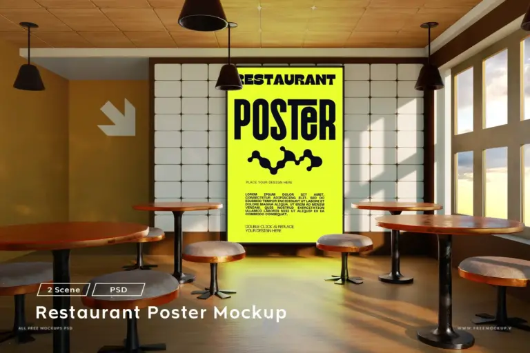 Mockup poster khổ lớn tại nhà hàng, quán coffee