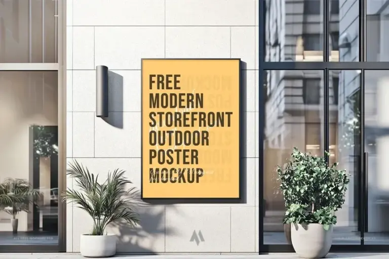 Mockup poster trên tường cửa hàng