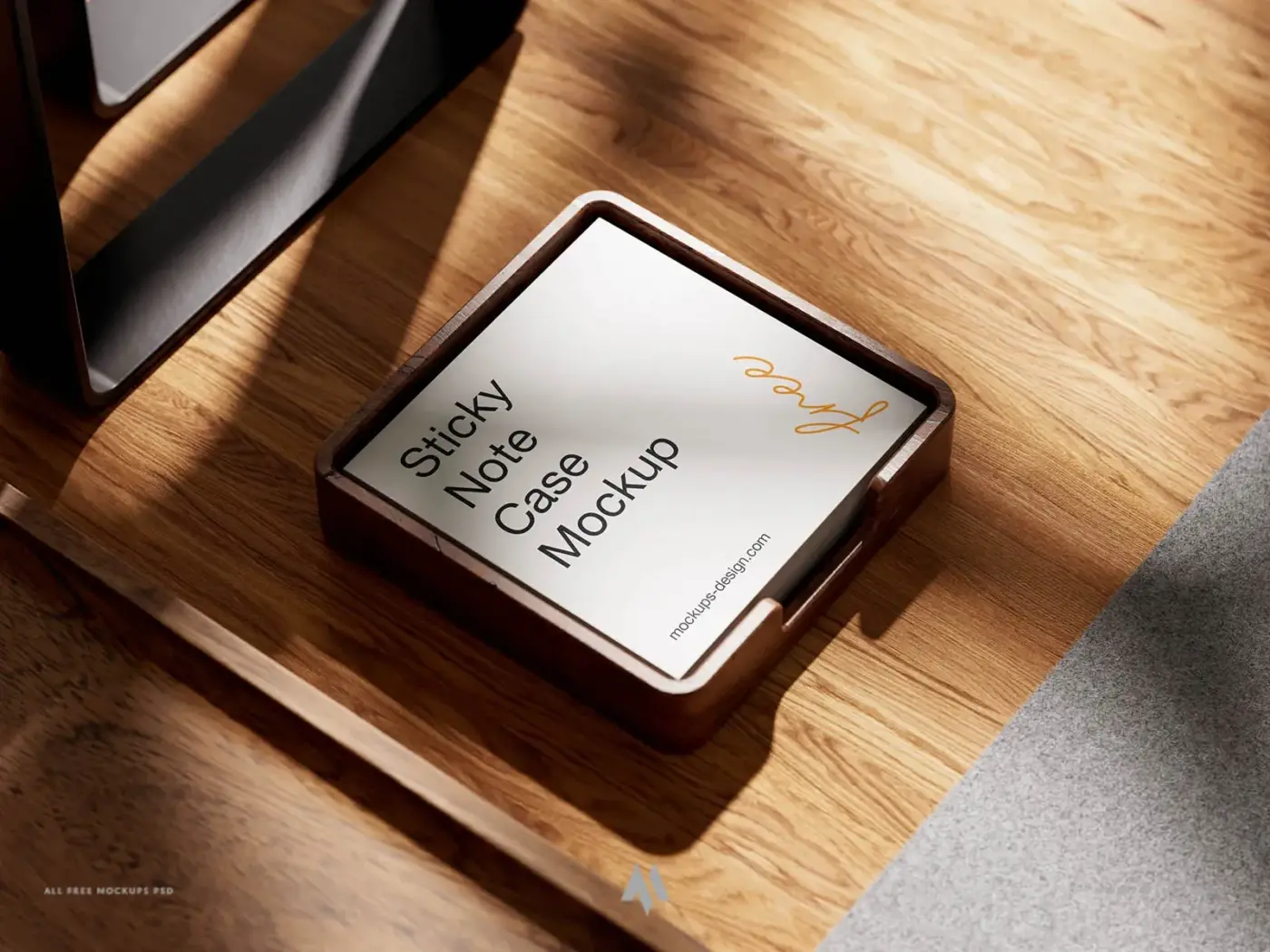 Mockup hộp đựng giấy nhớ bằng gỗ