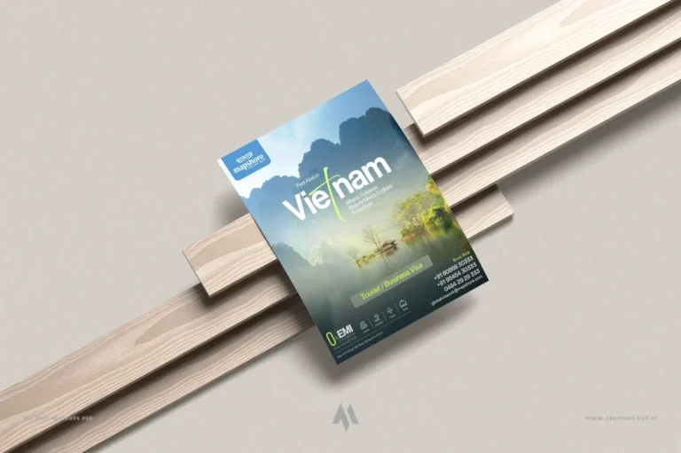 Mockup tờ rơi A4 đặt trên thanh gỗ