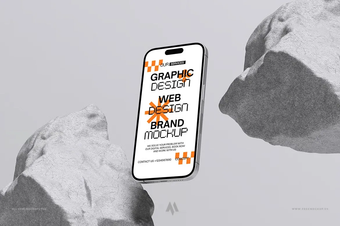 Mockup iPhone cạnh viên đá