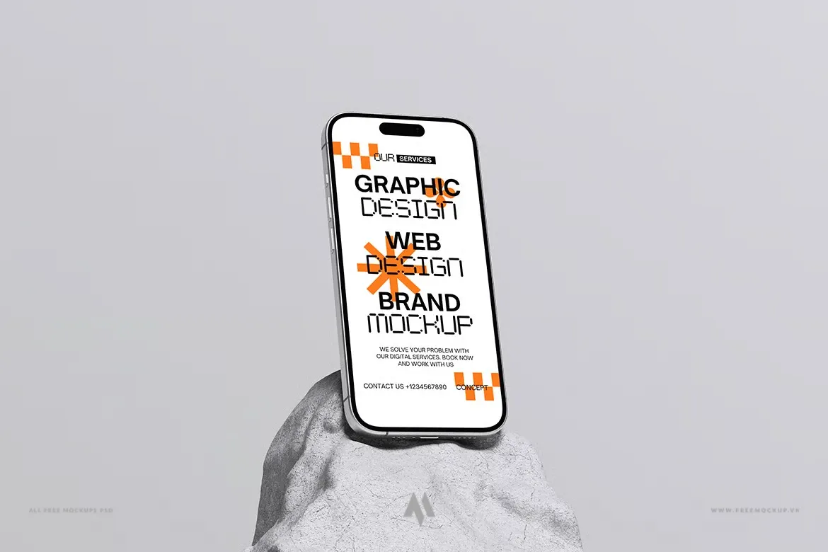 Mockup iPhone cạnh viên đá