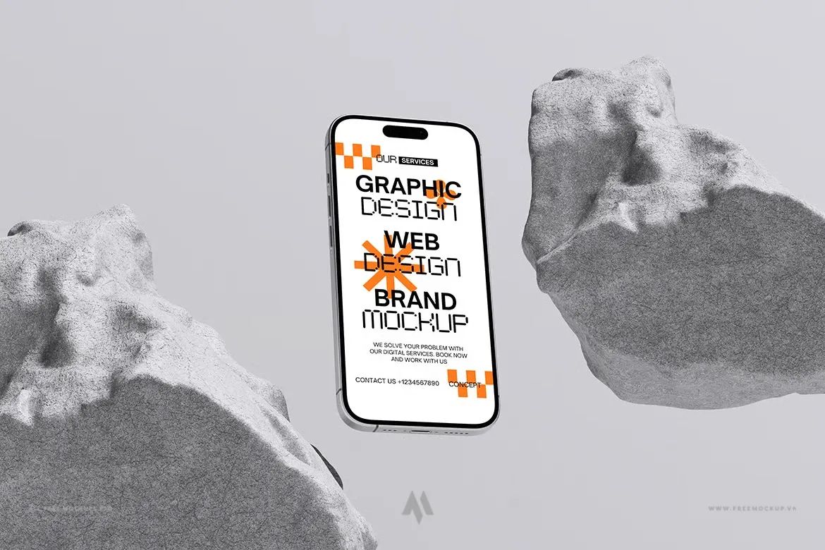 Mockup iPhone cạnh viên đá