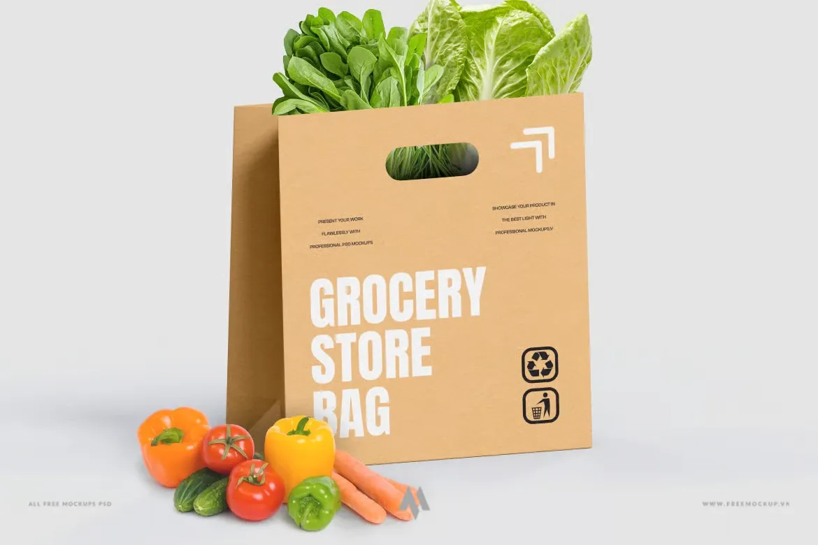 Mockup túi giấy kraft đựng hàng tạp hóa