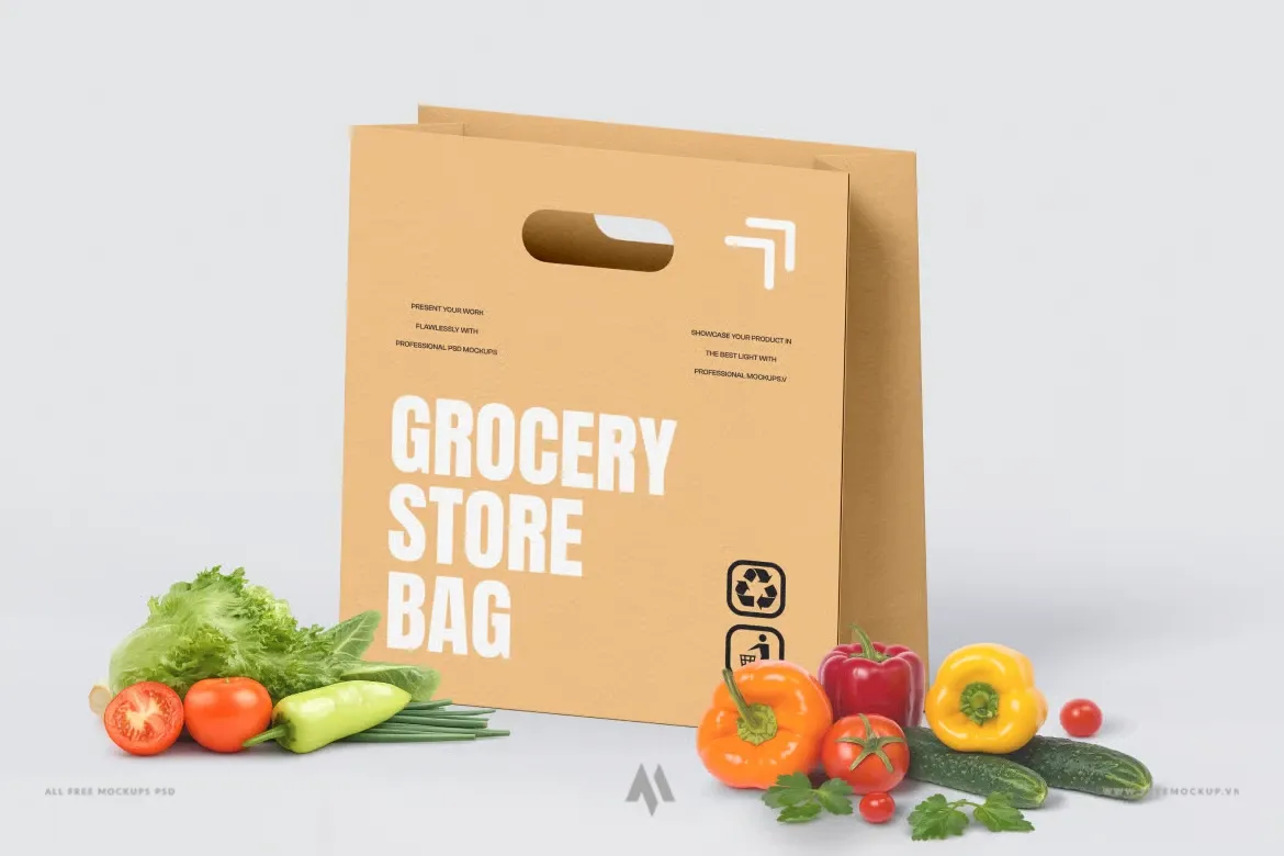 Mockup túi giấy kraft đựng hàng tạp hóa