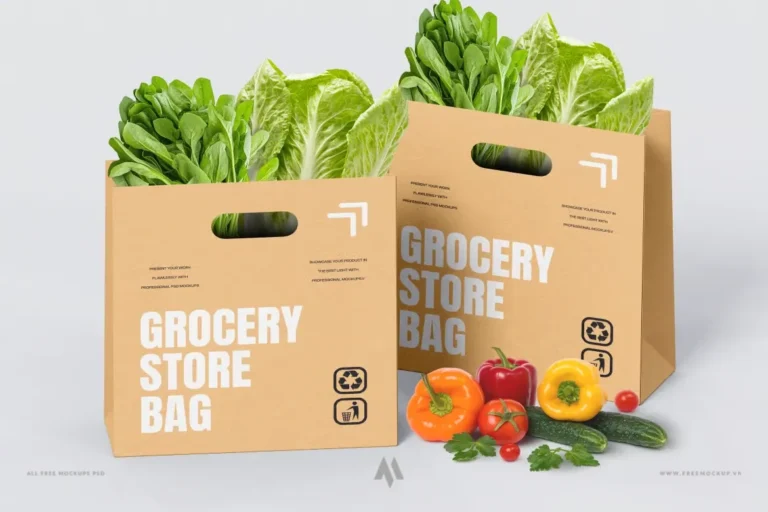 Mockup túi giấy kraft đựng hàng tạp hóa