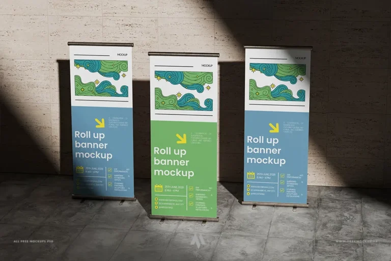 Mockup standee chân cuốn đặt trong nhà