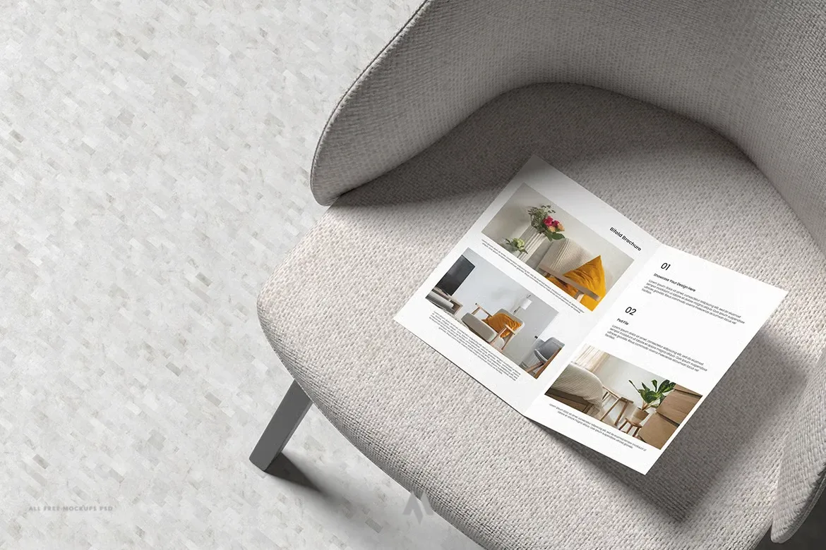 Mockup tờ rơi gập đôi A4 đặt trên ghế