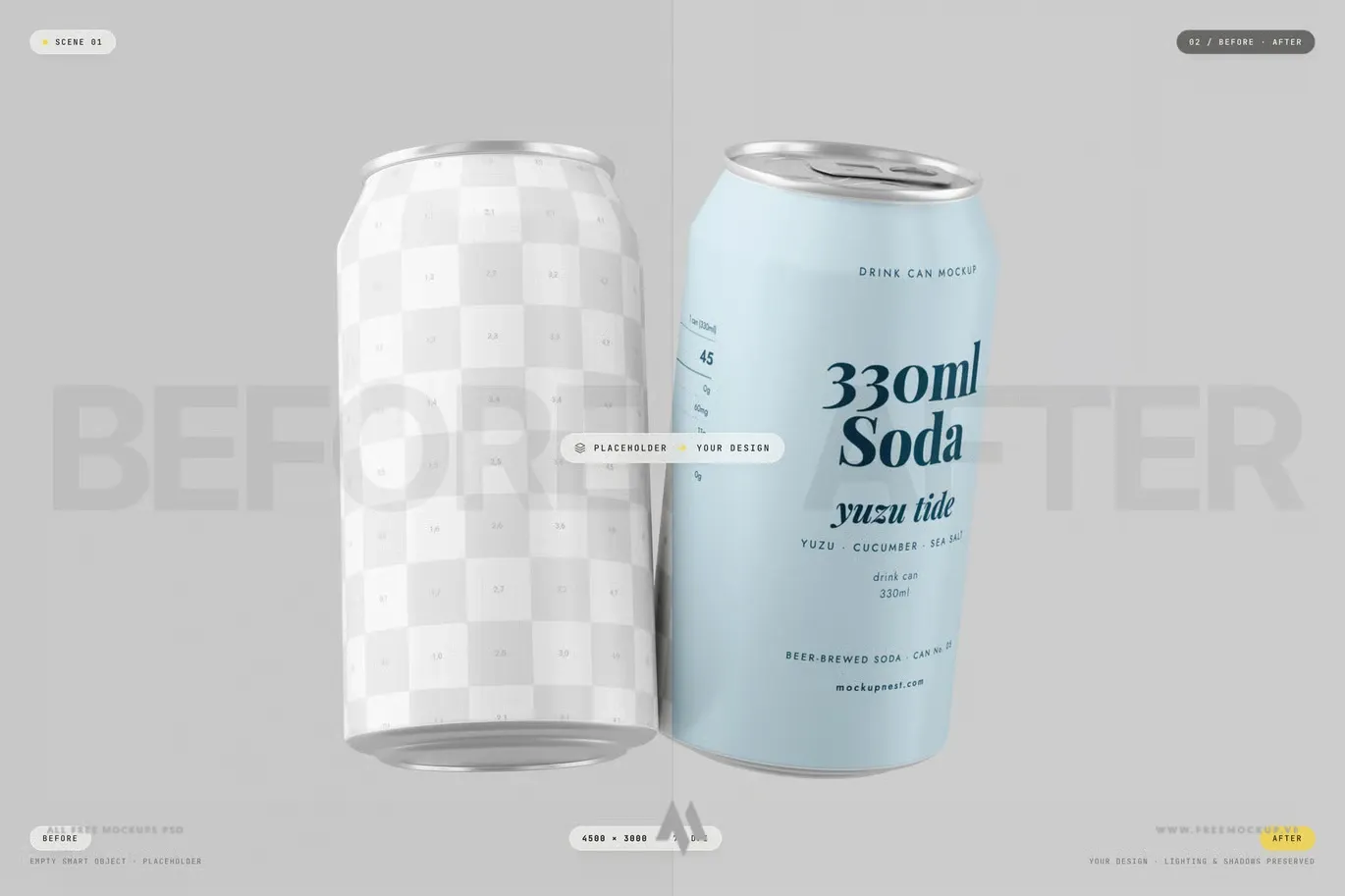 Mockup lon nước ngọt, lon bia PSD