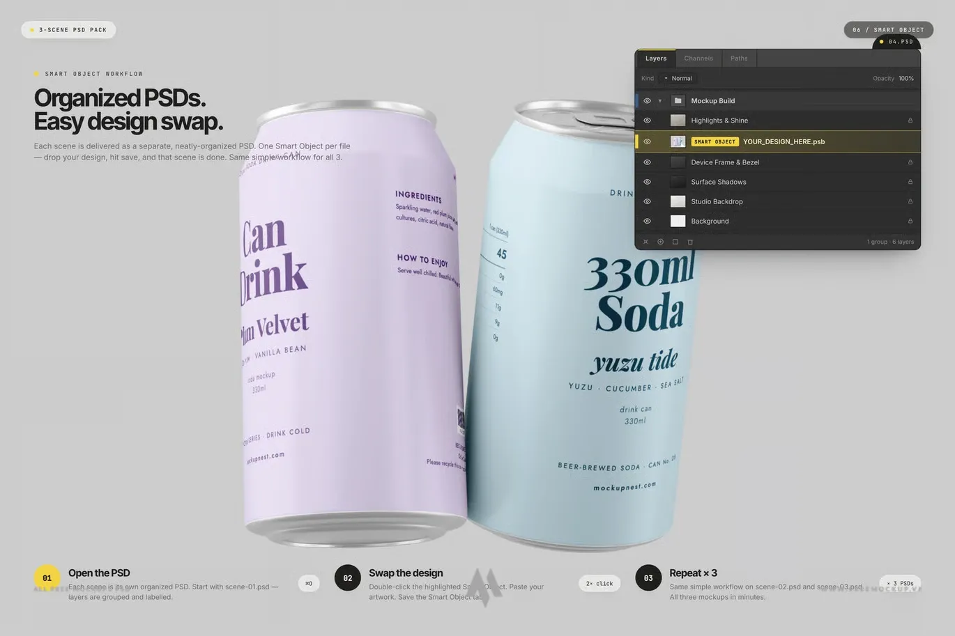 Mockup lon nước ngọt, lon bia PSD