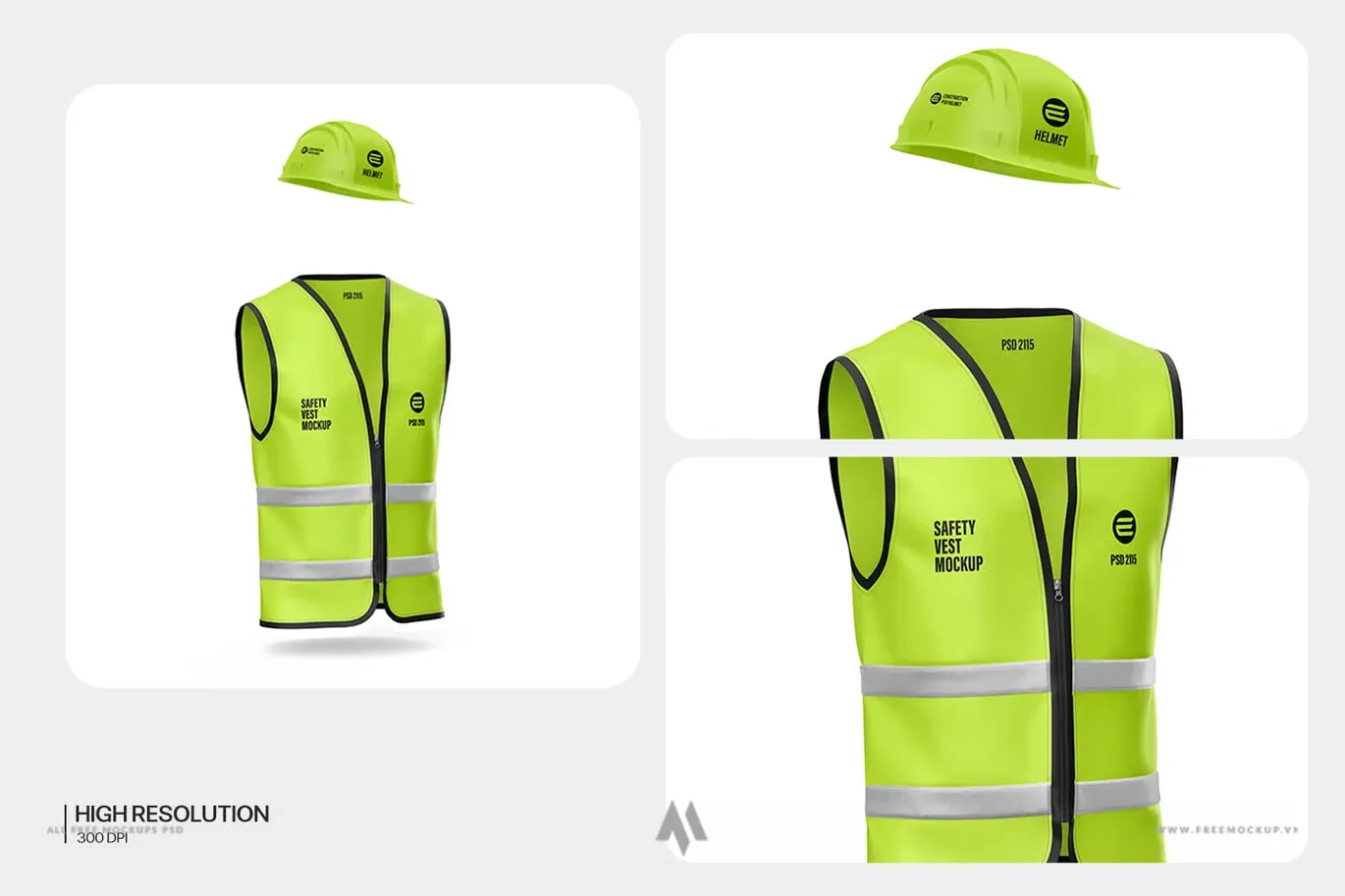 Bộ mockup mũ bảo hộ và áo phản quang PSD