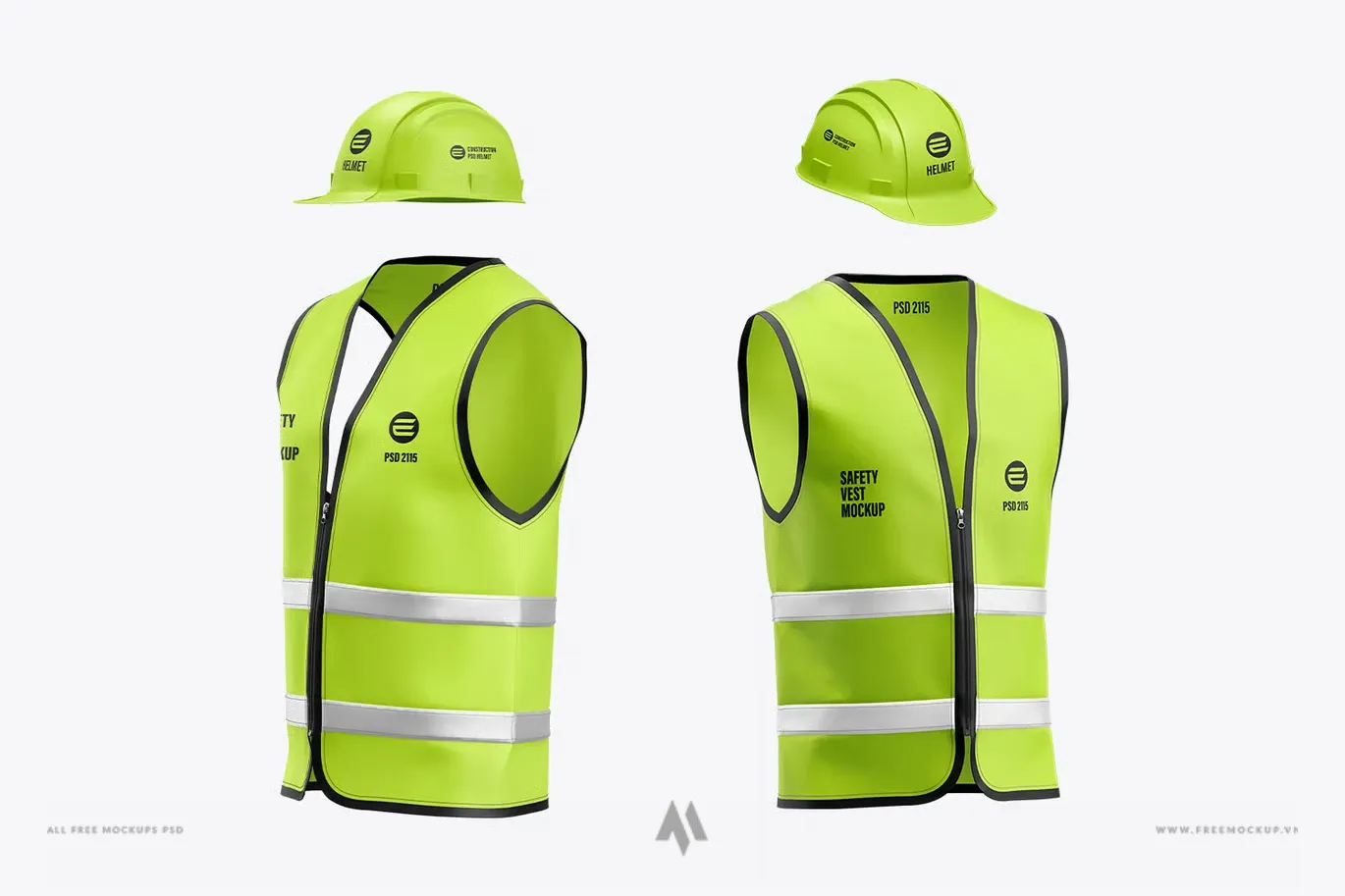 Bộ mockup mũ bảo hộ và áo phản quang PSD