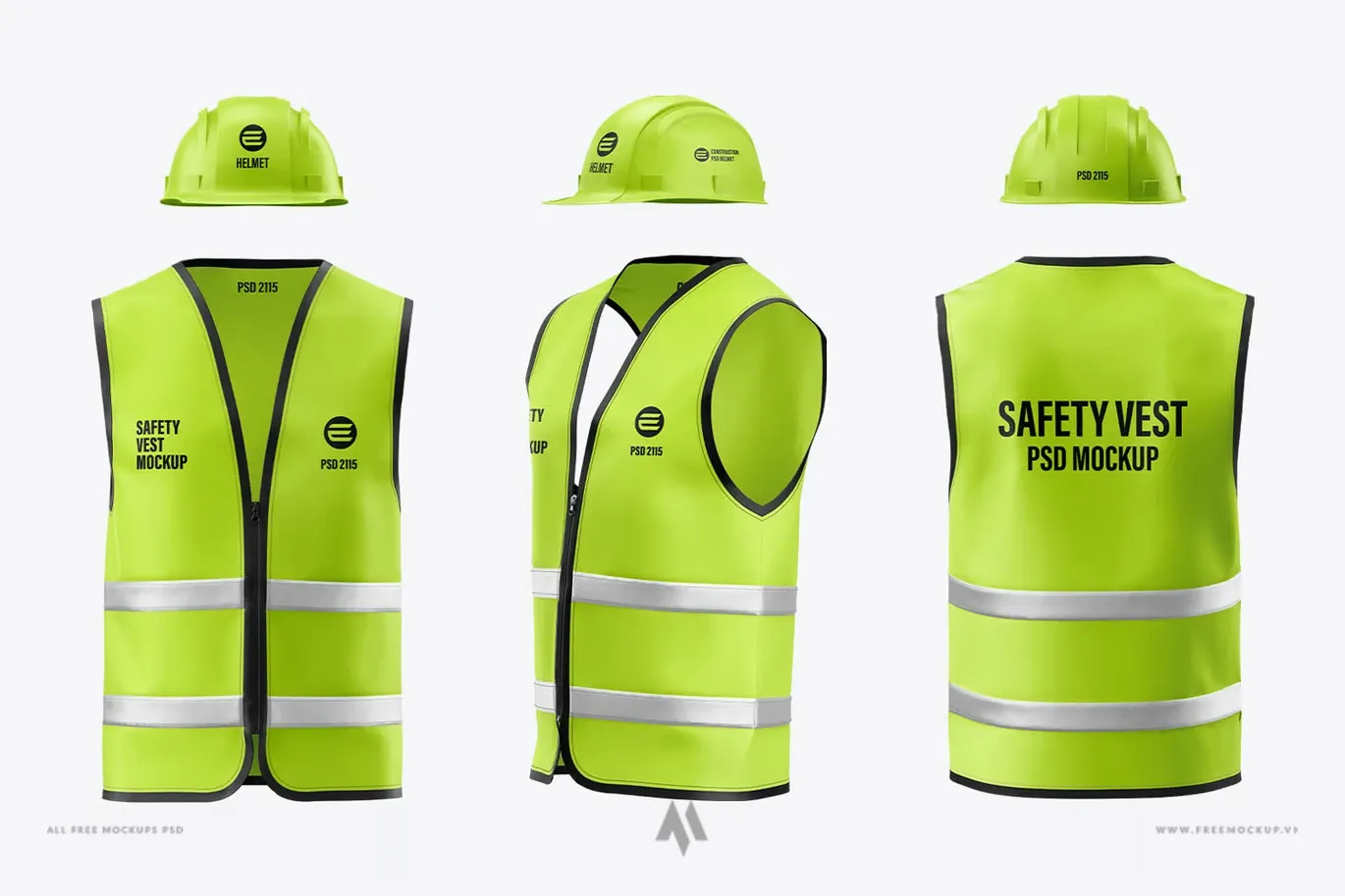Bộ mockup mũ bảo hộ và áo phản quang PSD