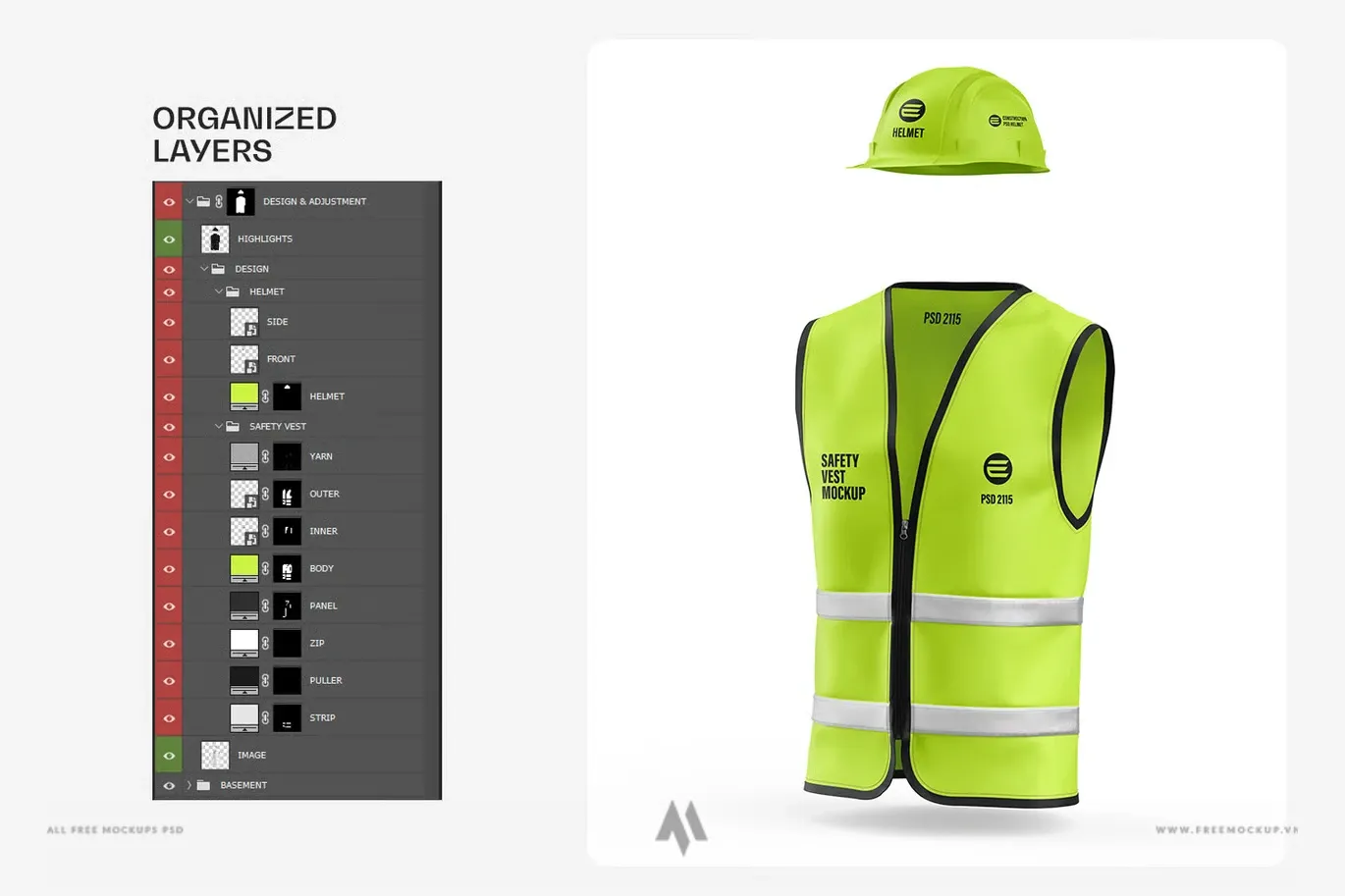 Bộ mockup mũ bảo hộ và áo phản quang PSD