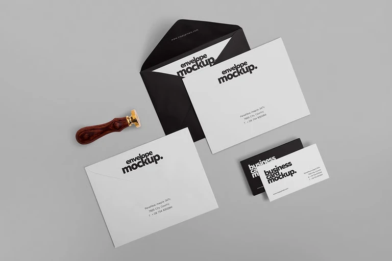 Mockup bộ nhận diện thương hiệu PSD đa dạng với danh thiếp, phong bì