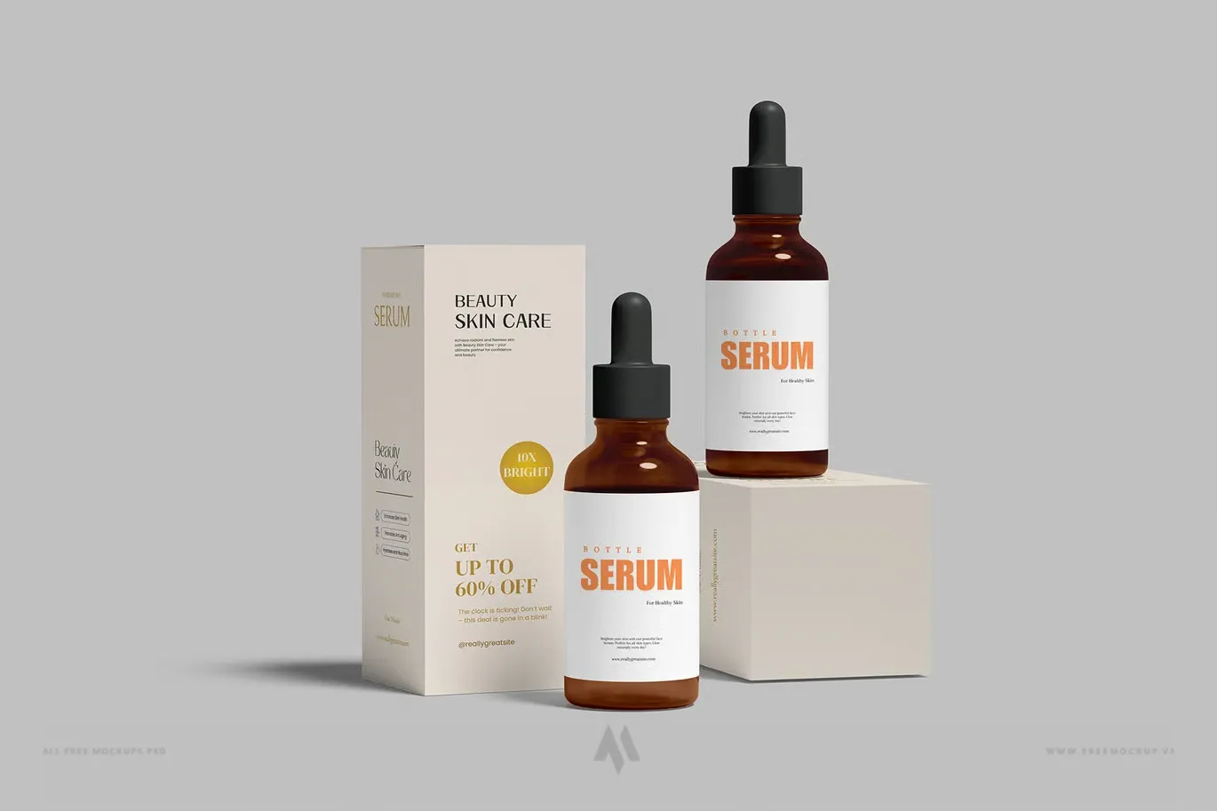 Mockup Chai Serum và Hộp Bao Bì PSD: Trình Bày Mỹ Phẩm Chuyên Nghiệp