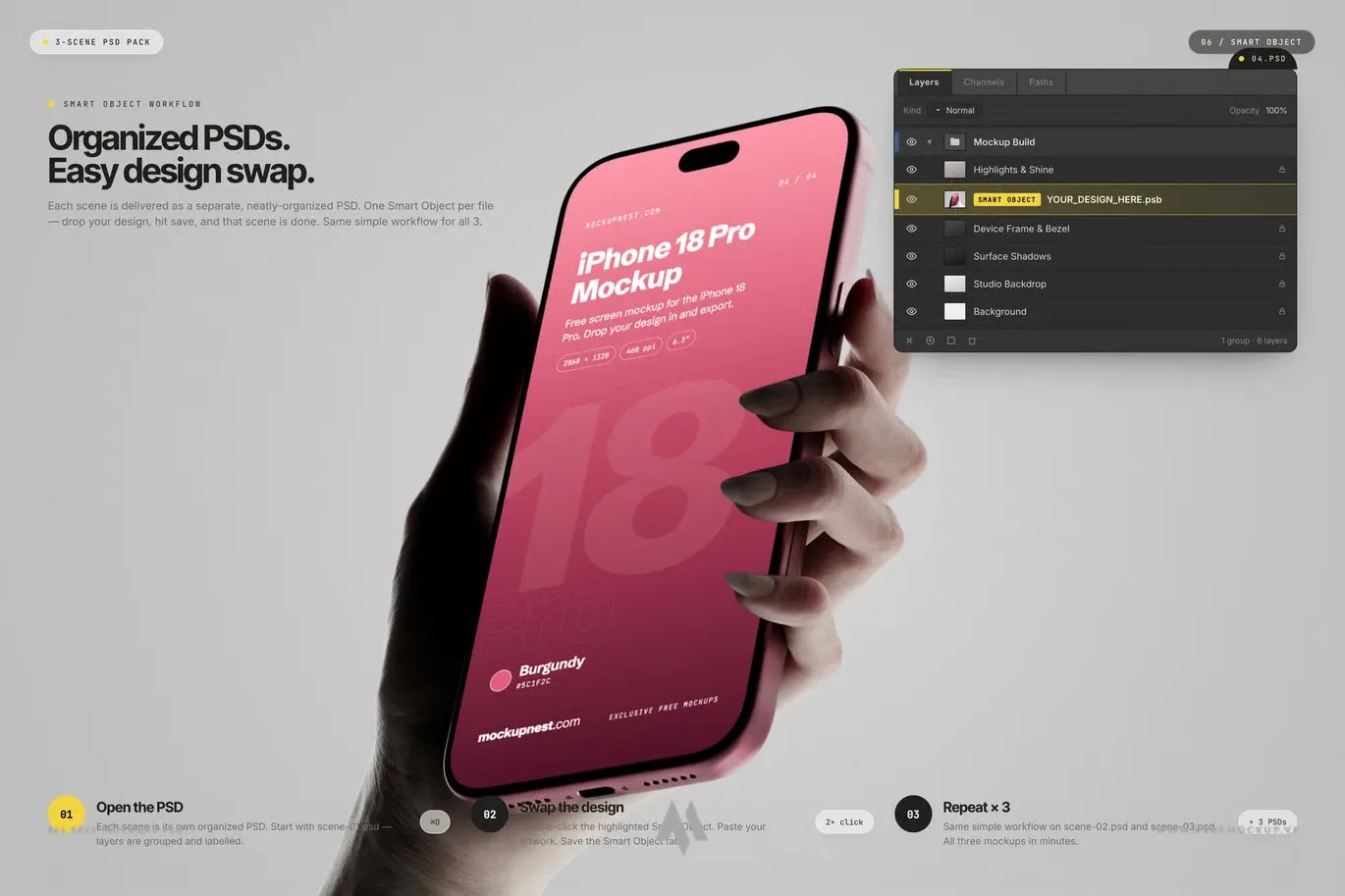Mockup iPhone 18 Pro Cầm Tay Màu Burgundy – Trình Bày Thiết Kế Chuyên Nghiệp