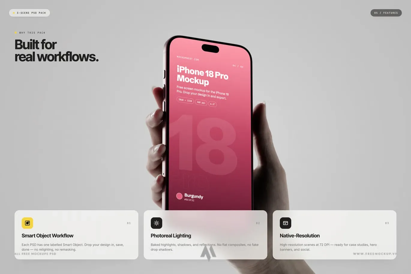 Mockup iPhone 18 Pro Cầm Tay Màu Burgundy – Trình Bày Thiết Kế Chuyên Nghiệp