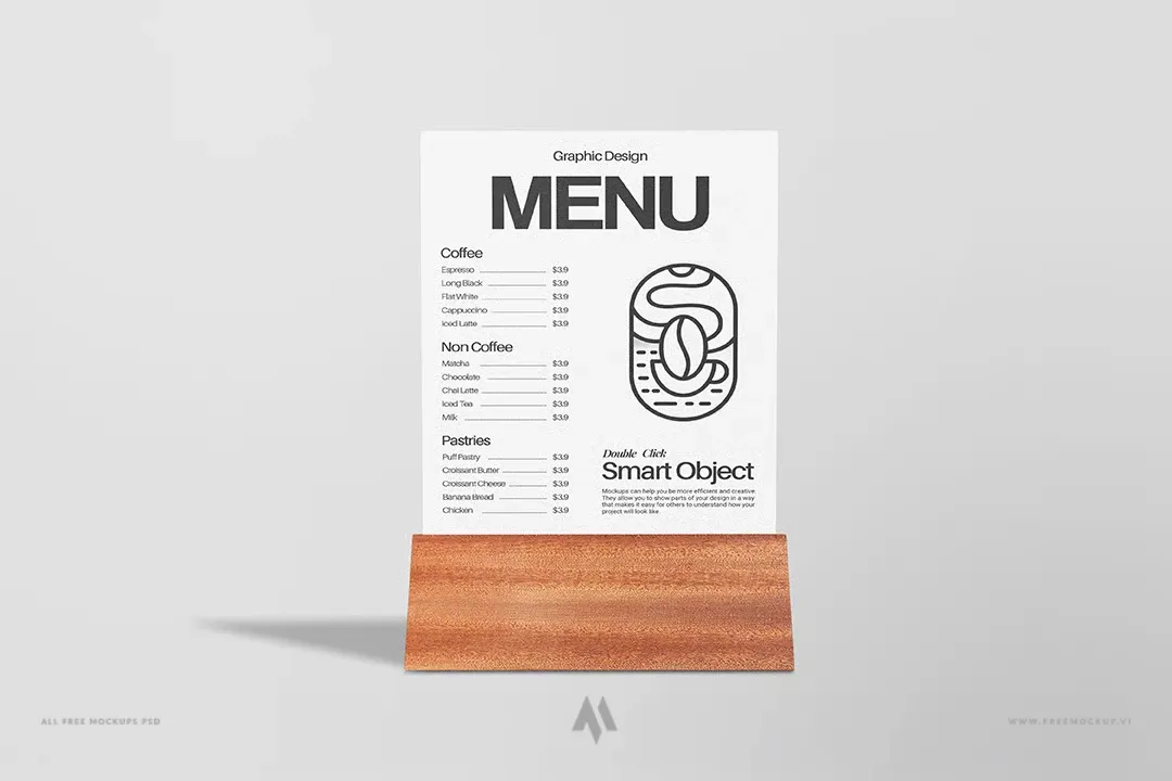 Mockup Menu để Bàn Đế Gỗ PSD: Trình Bày Thiết Kế Nhà Hàng Chuyên Nghiệp