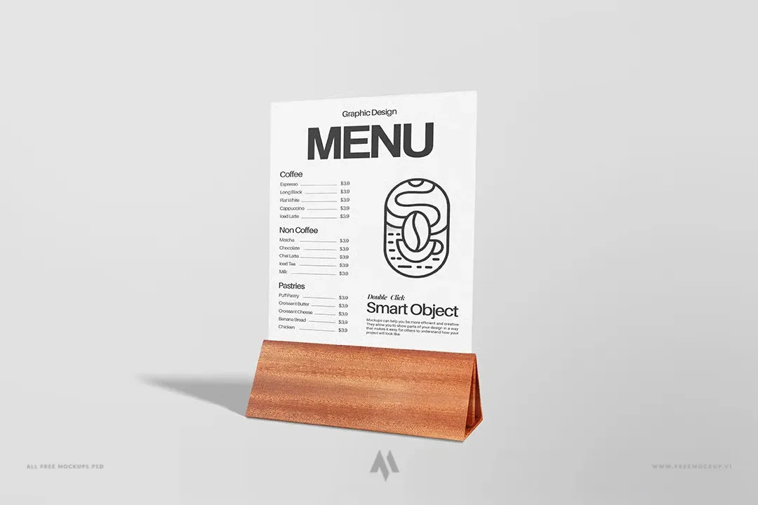 Mockup Menu để Bàn Đế Gỗ PSD: Trình Bày Thiết Kế Nhà Hàng Chuyên Nghiệp