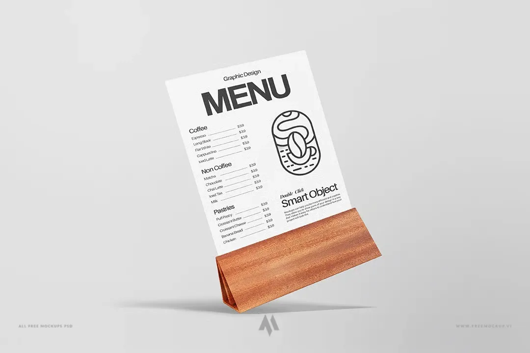 Mockup Menu để Bàn Đế Gỗ PSD: Trình Bày Thiết Kế Nhà Hàng Chuyên Nghiệp