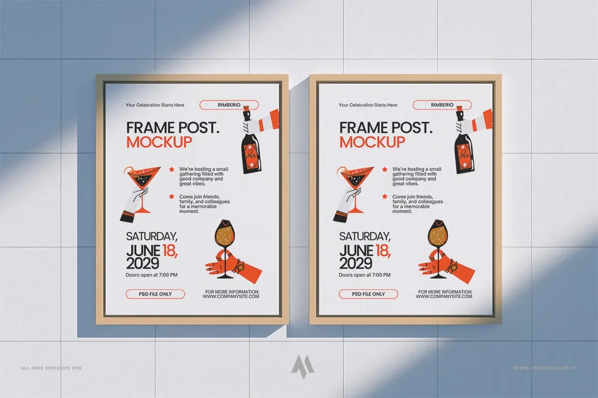 Mockup poster khung gỗ trên tường