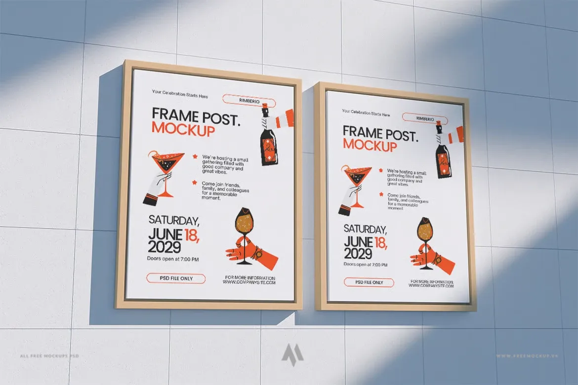Mockup poster khung gỗ trên tường