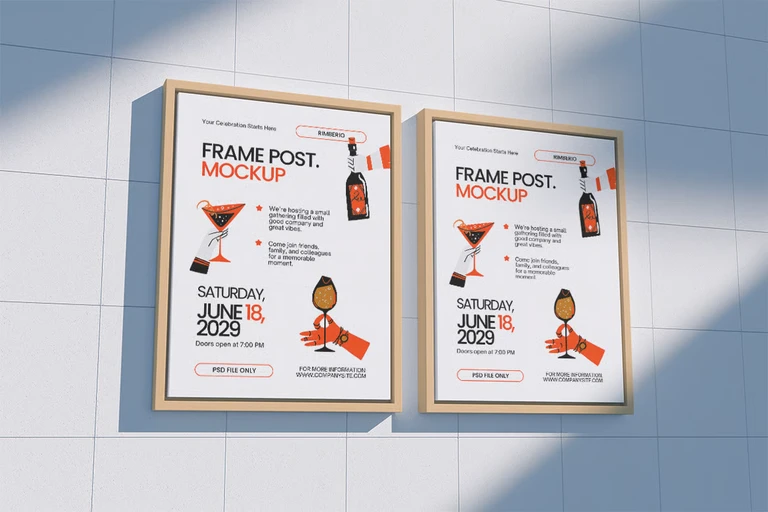 Mockup poster khung gỗ trên tường
