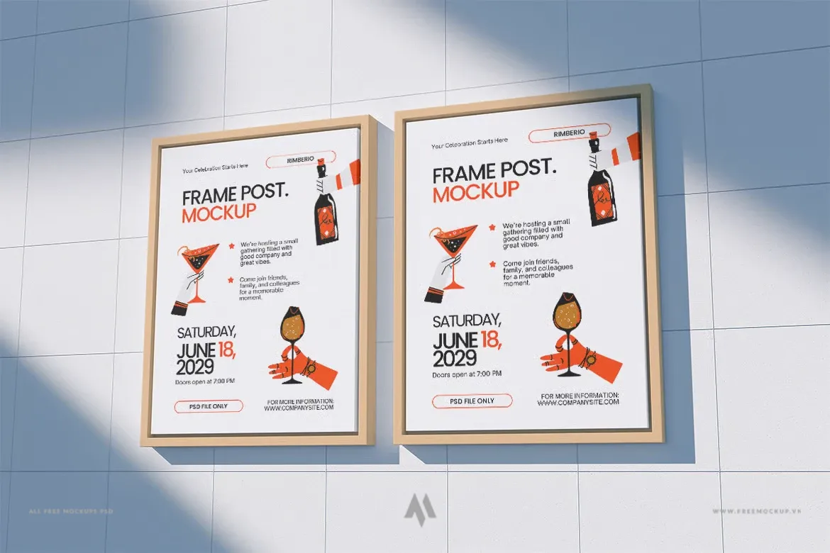 Mockup poster khung gỗ trên tường