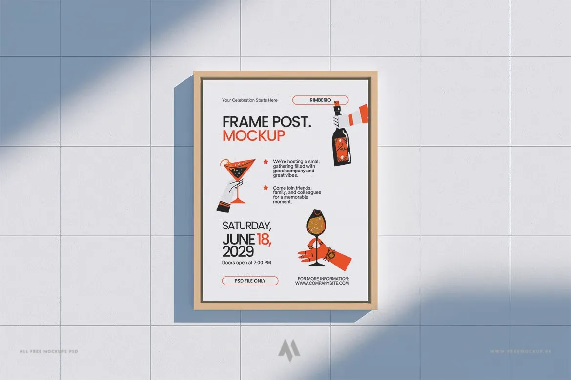 Mockup poster khung gỗ trên tường