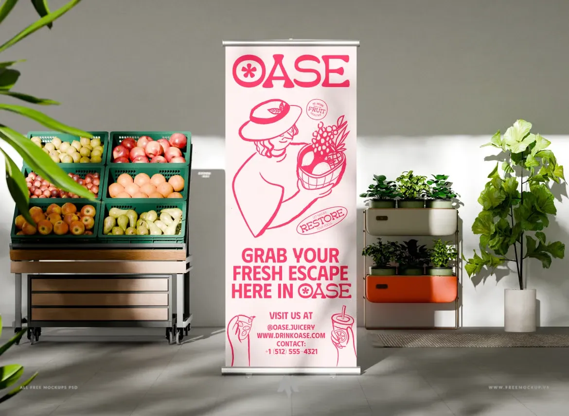 Mockup standee cuộn đặt trong siêu thị