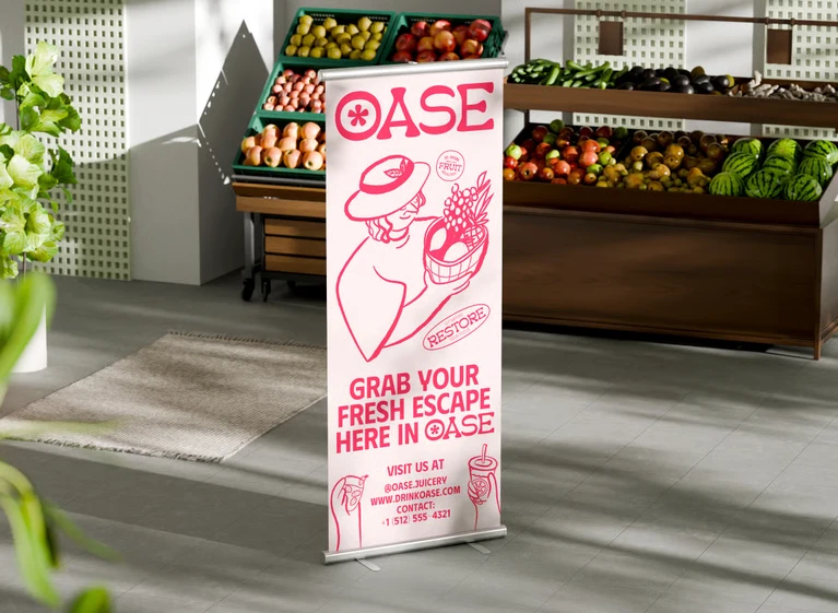Mockup standee cuộn đặt trong siêu thị
