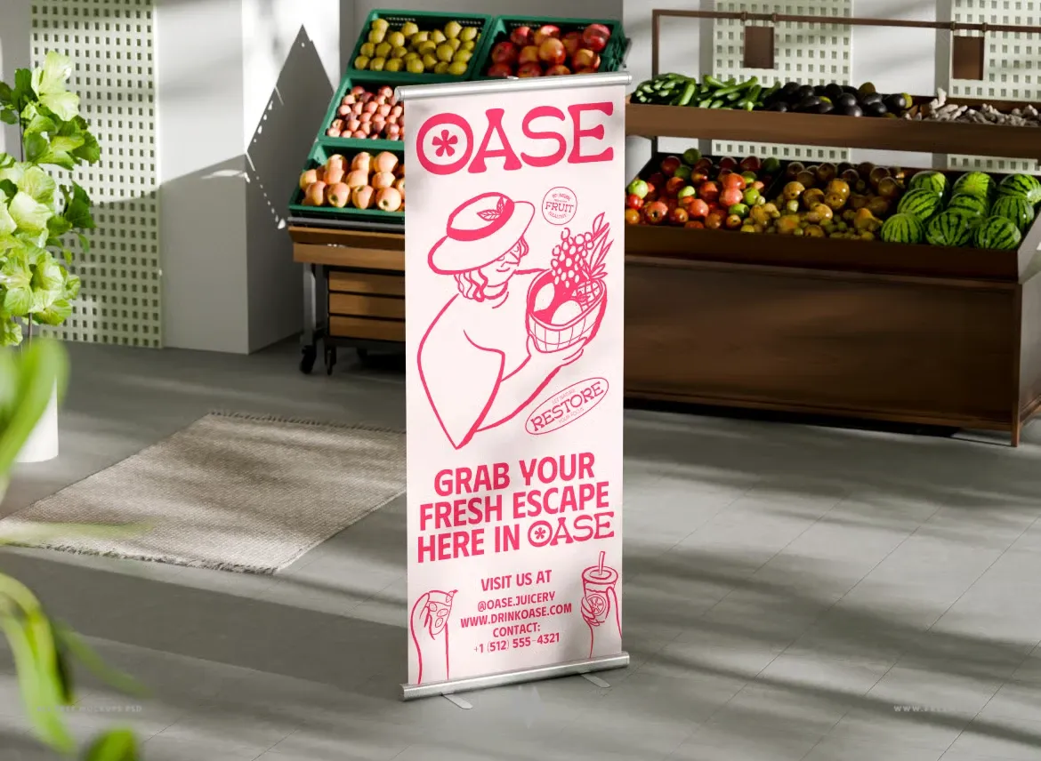 Mockup standee cuộn đặt trong siêu thị